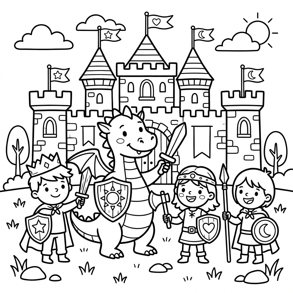 Cute dragon and kids coloring page