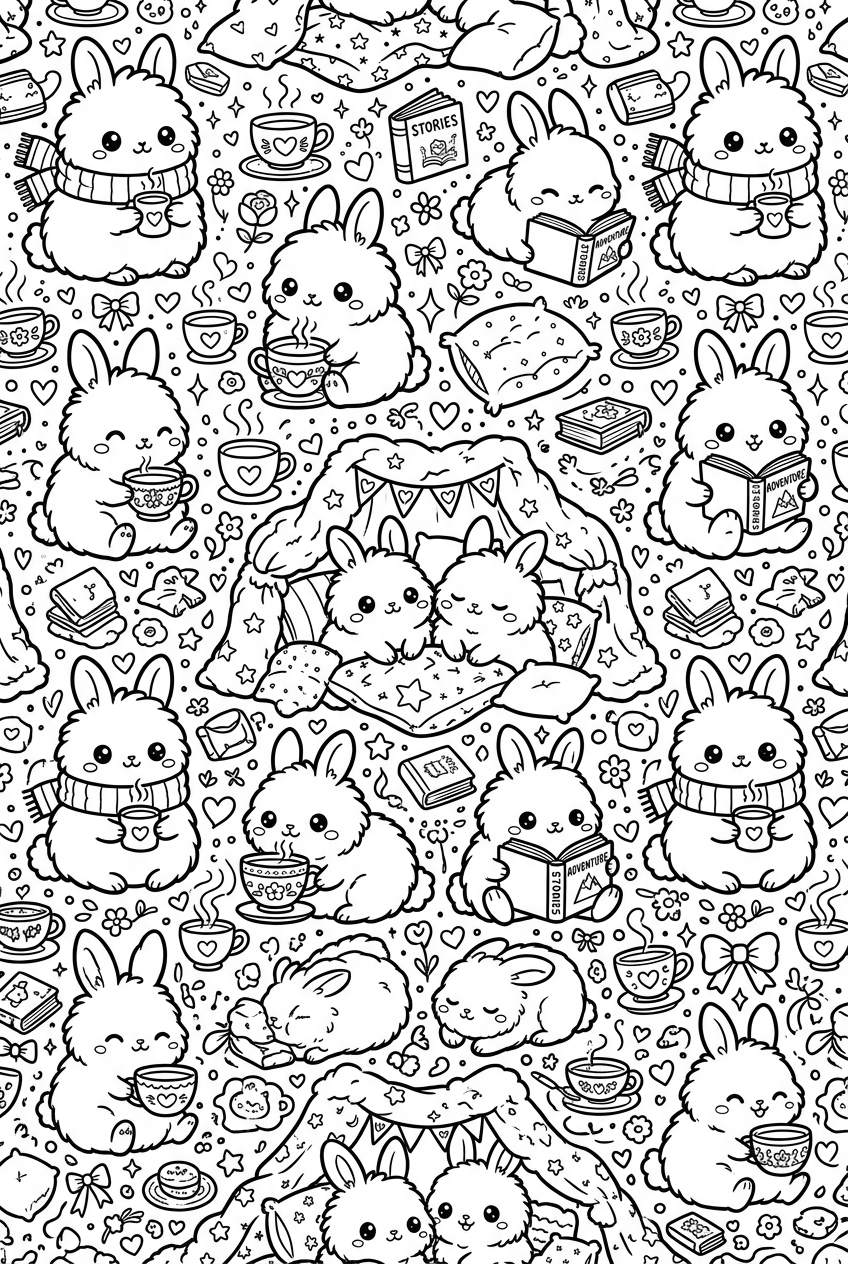 Kawaii Bunnies Coloring Page