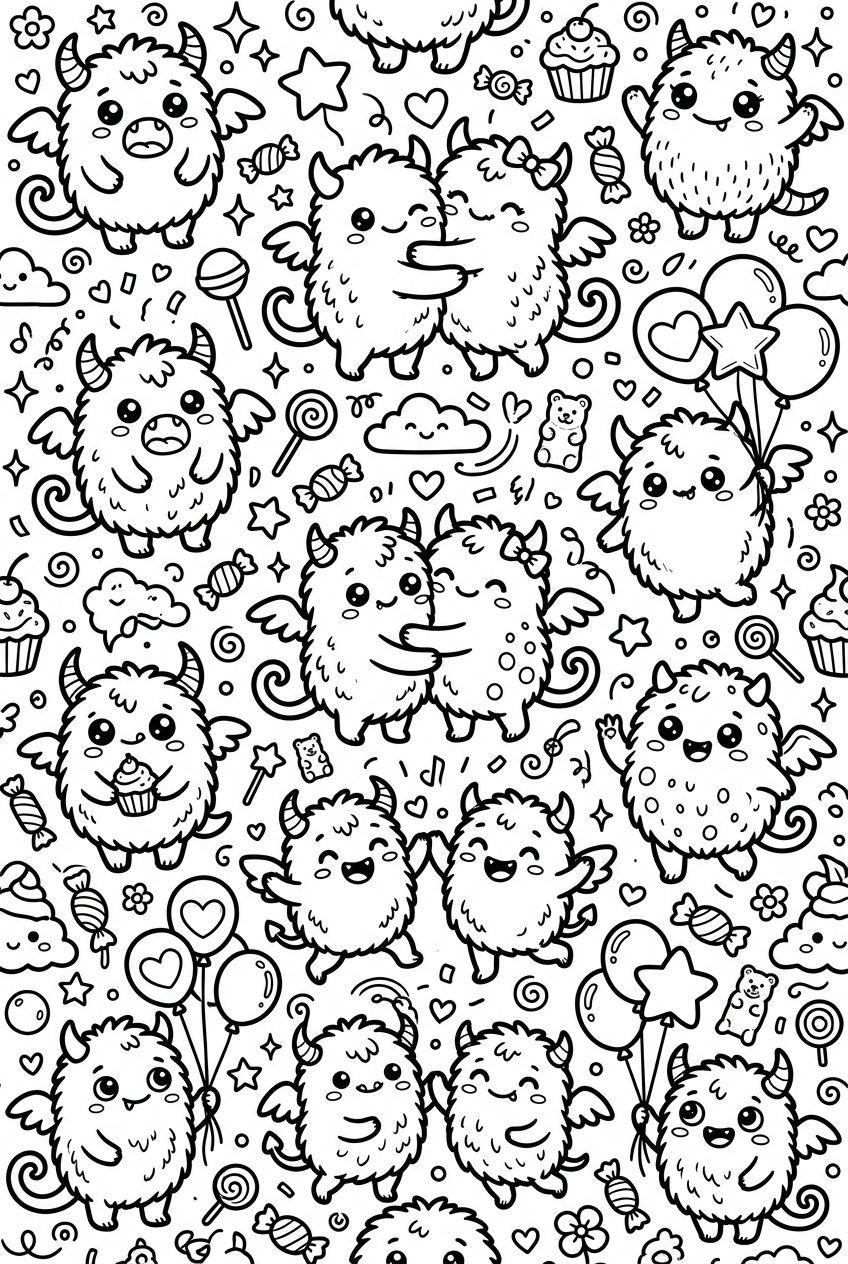 Kawaii Cute Monsters Coloring Page