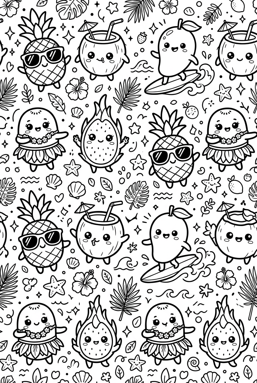 Kawaii Fruits Coloring Page