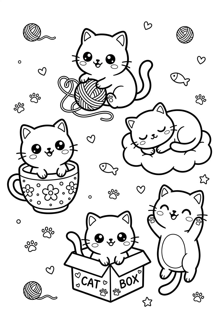 Kawaii Cats Coloring Page