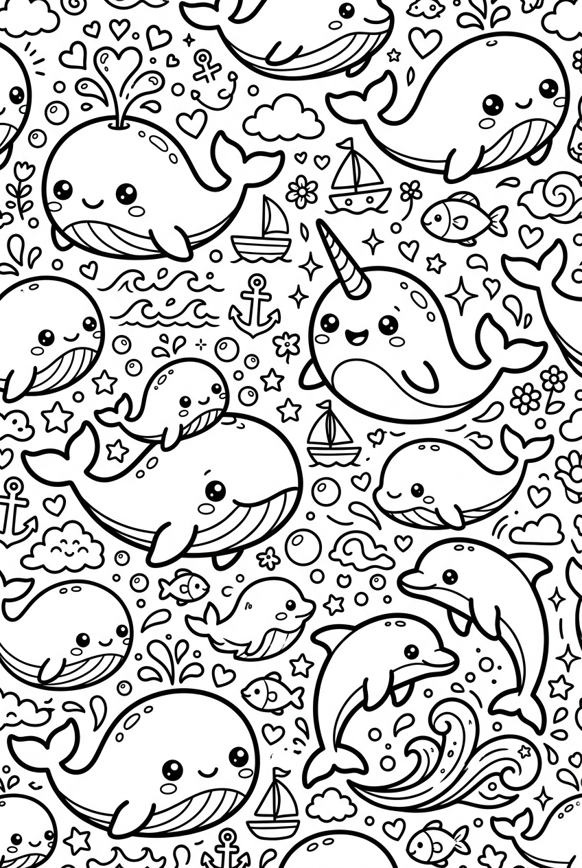 Kawaii Sea Life Coloring Page