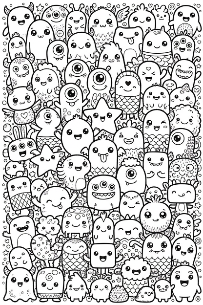 Kawaii Silly Creatures Coloring Page