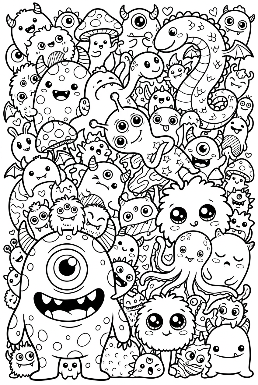 Kawaii Silly Creatures Coloring Page